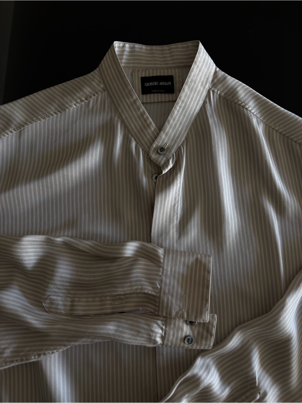 Giorgio Armani 100% Silk Cream-Striped Band Collar Shirt